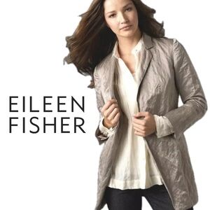 Eileen Fisher Satin Metallic Crinkle Blazer Notch 1 Button Champagne Jacket Sz L